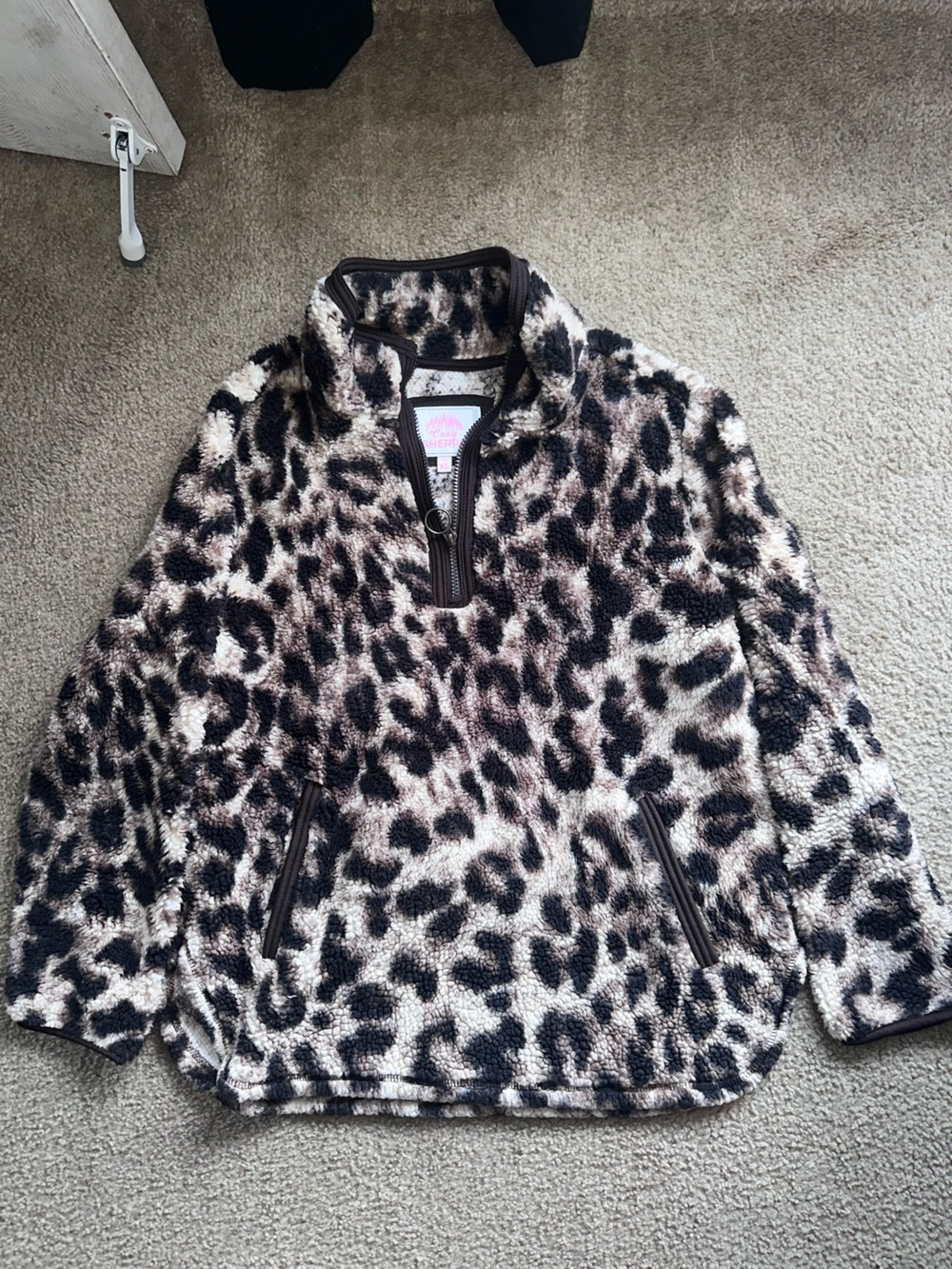 Leopard Print Sherpa Half-Zip Pullover - Taupe/Black Cheetah Print